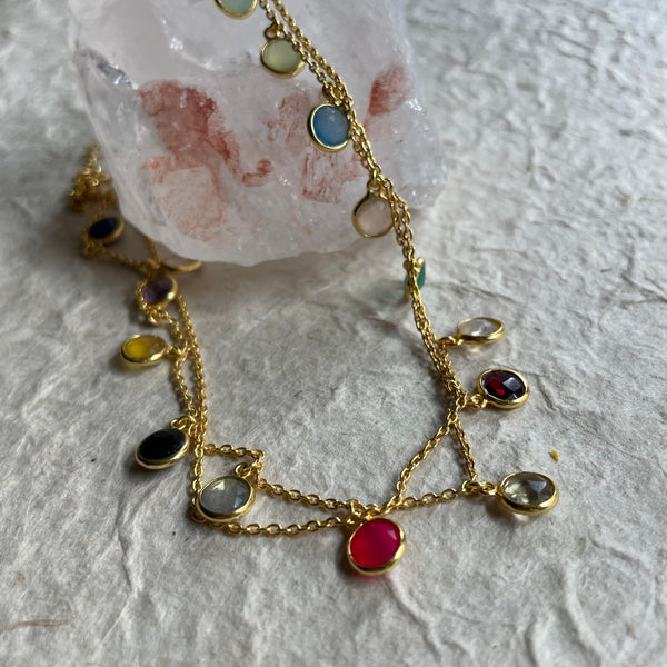 Lightweight yet durable! Delicate and sturdy! Minimal yet bold!  One strand holds all the attention while the other chain stays plain and simple. Chalcedonies in blue, green, pink, yellow, red, and more add a lovely touch of color while the perfect 5 mm size of the gemstones adds a fun flair that can not be missed.