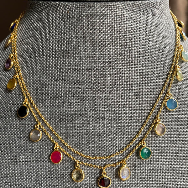Lightweight yet durable! Delicate and sturdy! Minimal yet bold!  One strand holds all the attention while the other chain stays plain and simple. Chalcedonies in blue, green, pink, yellow, red, and more add a lovely touch of color while the perfect 5 mm size of the gemstones adds a fun flair that can not be missed.