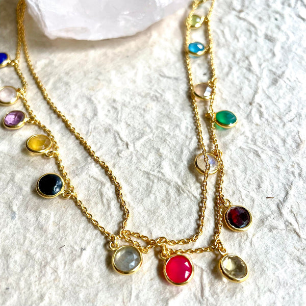 Lightweight yet durable! Delicate and sturdy! Minimal yet bold!  One strand holds all the attention while the other chain stays plain and simple. Chalcedonies in blue, green, pink, yellow, red, and more add a lovely touch of color while the perfect 5 mm size of the gemstones adds a fun flair that can not be missed.