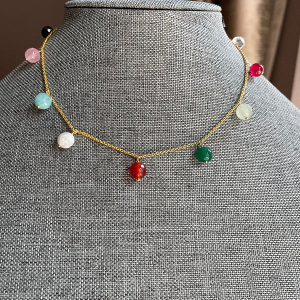 Lightweight yet durable! Delicate and sturdy! Minimal yet bold!  One strand holds all the attention while the other chain stays plain and simple. Chalcedonies in blue, green, pink, yellow, red, and more add a lovely touch of color while the perfect 5 mm size of the gemstones adds a fun flair that can not be missed.