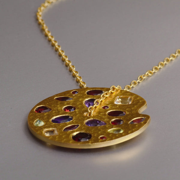 Gemstone Medallion Necklace In Hand Hammered Texture