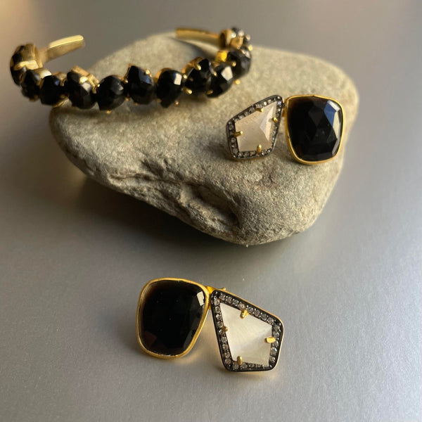 Catalina Studs With Black Onyx/Moonstone Gemstones