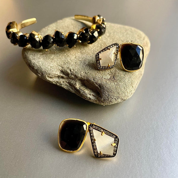 Catalina Studs With Black Onyx/Moonstone Gemstones