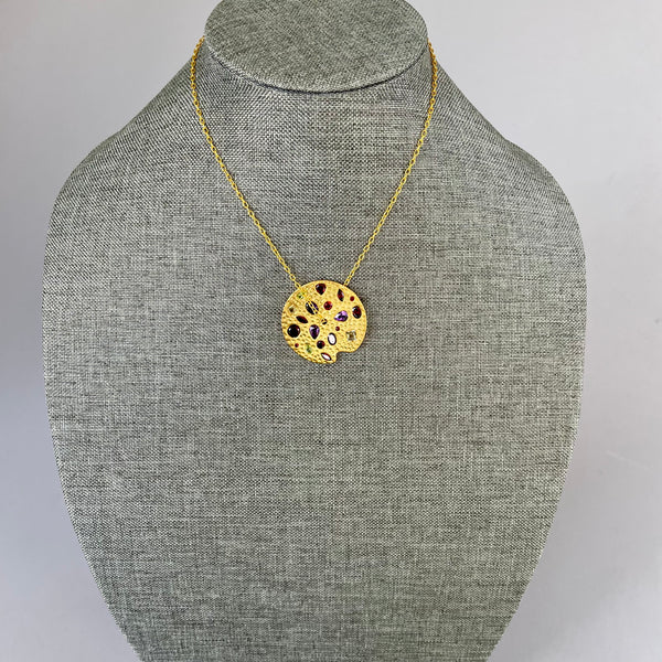 Gemstone Medallion Necklace In Hand Hammered Texture