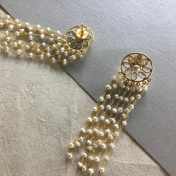 These impeccable gold plated earrings, Shiana, are lightweight and graciously embellished with 7 strings of cute little pearls. The dome holding the strings flaunts yellow topaz gemstone. Designed for pierced ears, wear it day or night, be it a formal or casual occasion, you can always pair these earrings with any outfit.