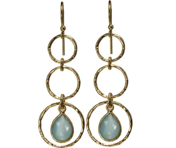 Dangling earrings with aqua chalcedony flaunts elegance and style. Lightweight witha subtle touch, these earrings are you perfect dress down or dress up piece of jewelry.