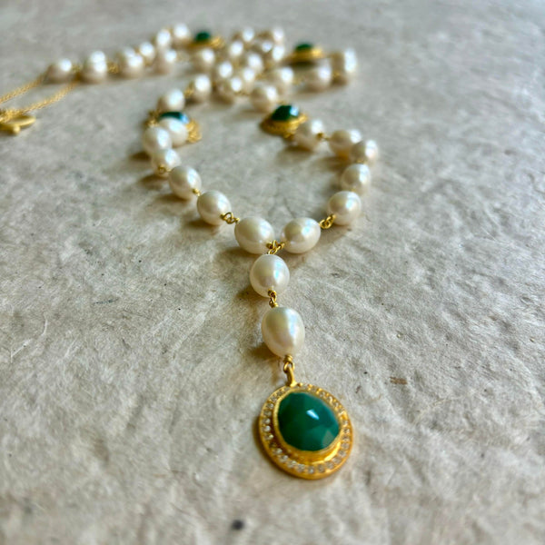 Eleanor Pearl Necklace With Green Onyx