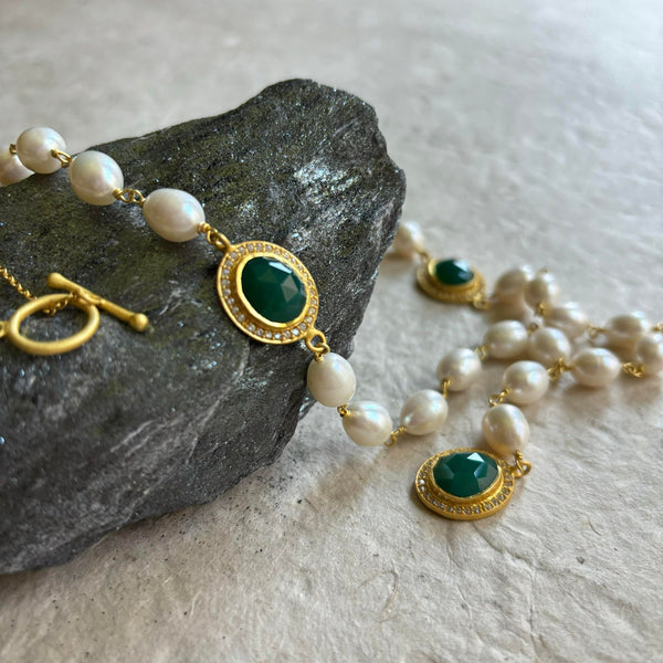 Eleanor Pearl Necklace With Green Onyx