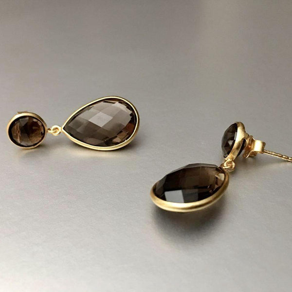 Faceted smoky quartz teardrop earrings by Mia Siya — elegant, affordable, and grounding. The perfect statement piece for everyday to evening wear.