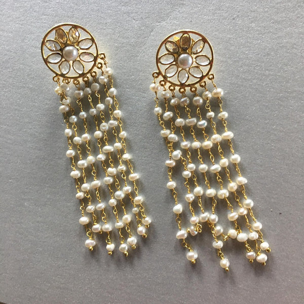 These impeccable gold plated earrings, Shiana, are lightweight and graciously embellished with 7 strings of cute little pearls. The dome holding the strings flaunts yellow topaz gemstone. Designed for pierced ears, wear it day or night, be it a formal or casual occasion, you can always pair these earrings with any outfit.