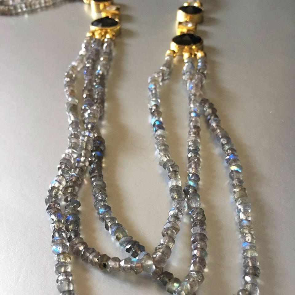 3 Strands of Labradorite gemstone, being held graciously on each side with beautiful black onyx and cubic zirconia creates quite the stir one may expect