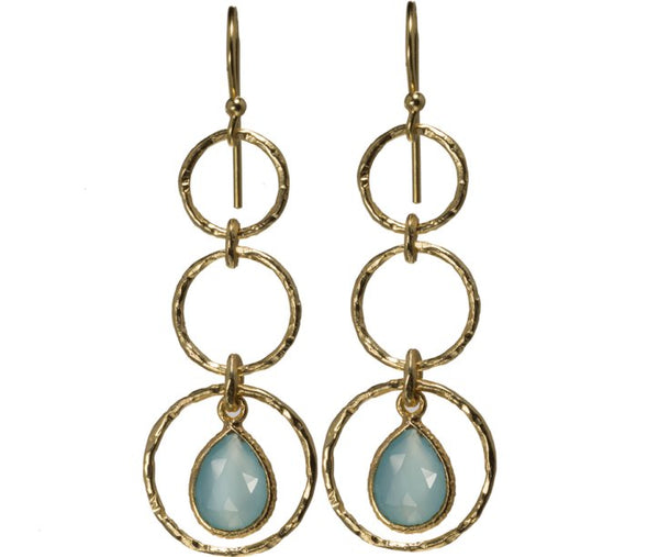 Dangling earrings with aqua chalcedony flaunts elegance and style. Lightweight witha subtle touch, these earrings are you perfect dress down or dress up piece of jewelry. 